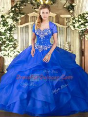 Blue Tulle Lace Up Sweetheart Sleeveless Floor Length Quince Ball Gowns Beading and Ruffles
