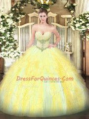 Artistic Gold Ball Gown Prom Dress Military Ball and Sweet 16 and Quinceanera with Beading and Ruffles Sweetheart Sleeveless Lace Up