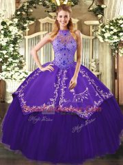 Beautiful Tulle Halter Top Sleeveless Lace Up Beading and Embroidery 15 Quinceanera Dress in Purple