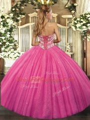 Fuchsia Ball Gowns Sweetheart Sleeveless Tulle Floor Length Lace Up Beading Sweet 16 Dress