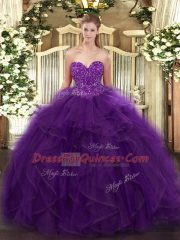 Unique Sleeveless Organza Floor Length Lace Up Vestidos de Quinceanera in Purple with Ruffles