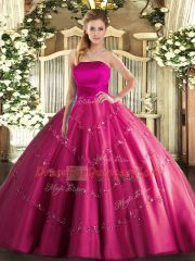 Edgy Hot Pink Sleeveless Appliques Floor Length Quince Ball Gowns