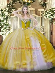 Gold Sleeveless Beading and Ruffles Floor Length Quince Ball Gowns