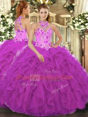 New Style Halter Top Sleeveless Sweet 16 Quinceanera Dress Floor Length Beading and Embroidery and Ruffles Fuchsia Organza