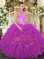 New Style Halter Top Sleeveless Sweet 16 Quinceanera Dress Floor Length Beading and Embroidery and Ruffles Fuchsia Organza