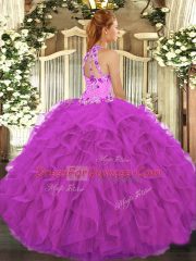New Style Halter Top Sleeveless Sweet 16 Quinceanera Dress Floor Length Beading and Embroidery and Ruffles Fuchsia Organza