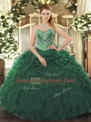 Floor Length Dark Green Ball Gown Prom Dress Tulle Sleeveless Beading and Ruffled Layers