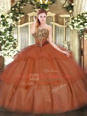 Rust Red Tulle Lace Up Quinceanera Dresses Sleeveless Floor Length Beading and Ruffled Layers