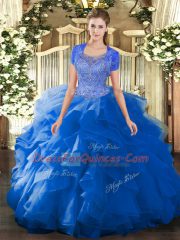 New Arrival Scoop Sleeveless Quinceanera Gowns Floor Length Beading and Ruffled Layers Blue Tulle