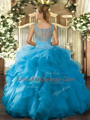 New Arrival Scoop Sleeveless Quinceanera Gowns Floor Length Beading and Ruffled Layers Blue Tulle