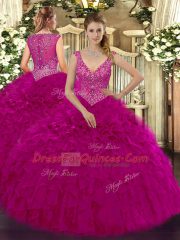 Organza V-neck Sleeveless Zipper Beading and Ruffles Quinceanera Gowns in Fuchsia