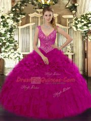 Organza V-neck Sleeveless Zipper Beading and Ruffles Quinceanera Gowns in Fuchsia