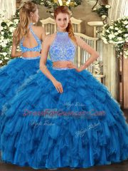 Sleeveless Floor Length Beading and Ruffles Criss Cross Vestidos de Quinceanera with Blue