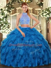 Sleeveless Floor Length Beading and Ruffles Criss Cross Vestidos de Quinceanera with Blue