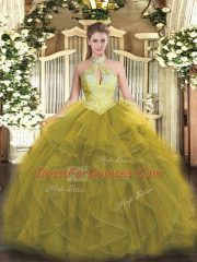 Olive Green Organza Lace Up Halter Top Sleeveless Floor Length Quinceanera Gowns Beading and Ruffles