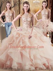 Dramatic Peach Quinceanera Dress Scoop Sleeveless Brush Train Lace Up