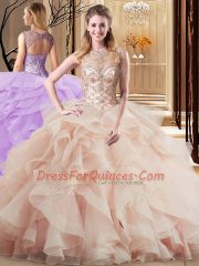 Dramatic Peach Quinceanera Dress Scoop Sleeveless Brush Train Lace Up