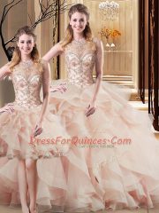 Dramatic Peach Quinceanera Dress Scoop Sleeveless Brush Train Lace Up