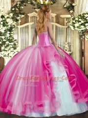 Beading and Ruffles Quinceanera Dress Fuchsia Lace Up Sleeveless Floor Length