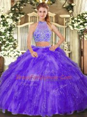 Discount Floor Length Purple Quinceanera Dress Halter Top Sleeveless Criss Cross