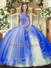 Decent Blue Lace Up 15 Quinceanera Dress Beading and Ruffles Sleeveless Floor Length