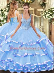 Stylish Blue Ball Gowns Beading and Ruffled Layers Sweet 16 Dresses Lace Up Organza Sleeveless Floor Length
