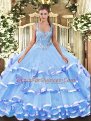 Stylish Blue Ball Gowns Beading and Ruffled Layers Sweet 16 Dresses Lace Up Organza Sleeveless Floor Length