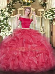 Glittering Coral Red Ball Gown Prom Dress Military Ball and Sweet 16 and Quinceanera with Appliques and Ruffles Off The Shoulder Short Sleeves Zipper