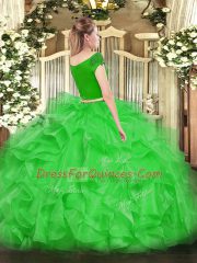 Glittering Coral Red Ball Gown Prom Dress Military Ball and Sweet 16 and Quinceanera with Appliques and Ruffles Off The Shoulder Short Sleeves Zipper