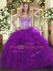 Flare Beading and Ruffles Sweet 16 Dress Eggplant Purple Lace Up Sleeveless Floor Length