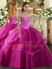 Cheap Fuchsia Lace Up 15th Birthday Dress Embroidery and Ruffled Layers Sleeveless Floor Length