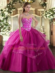 Cheap Fuchsia Lace Up 15th Birthday Dress Embroidery and Ruffled Layers Sleeveless Floor Length