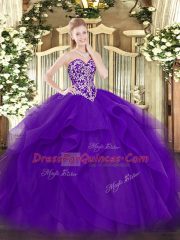 Fantastic Purple Sweetheart Lace Up Beading and Ruffles Quince Ball Gowns Sleeveless