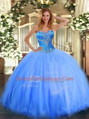 Custom Designed Sleeveless Tulle Floor Length Lace Up Quince Ball Gowns in Blue with Beading
