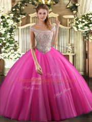 Beautiful Hot Pink Sleeveless Floor Length Beading Lace Up Quinceanera Dress