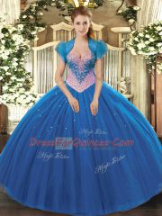 Floor Length Lace Up Quinceanera Dresses Blue for Military Ball and Sweet 16 with Beading