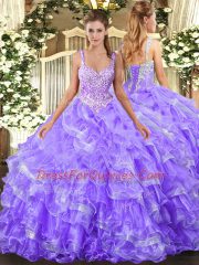 High Class Lavender Ball Gowns Beading and Ruffled Layers Vestidos de Quinceanera Lace Up Organza Sleeveless Floor Length