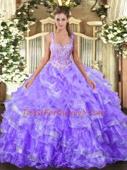 High Class Lavender Ball Gowns Beading and Ruffled Layers Vestidos de Quinceanera Lace Up Organza Sleeveless Floor Length