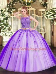 Lavender Two Pieces Beading and Appliques Quinceanera Gowns Lace Up Tulle Sleeveless Floor Length