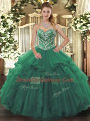 Green Sleeveless Floor Length Beading and Ruffles Lace Up Quinceanera Gown