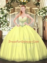 Yellow Ball Gowns Beading Quinceanera Gowns Lace Up Satin Sleeveless Floor Length
