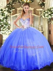 Cute Blue Lace Up 15th Birthday Dress Beading Sleeveless Floor Length