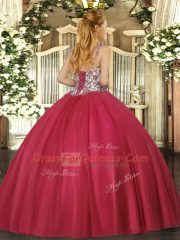 Luxurious Floor Length Fuchsia Quinceanera Gowns Straps Sleeveless Lace Up
