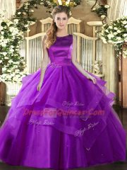 Eggplant Purple Ball Gowns Ruffled Layers Sweet 16 Dresses Lace Up Tulle Sleeveless Floor Length