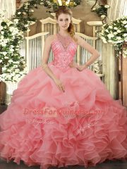 Pretty Halter Top Sleeveless Lace Up Quince Ball Gowns Watermelon Red Organza