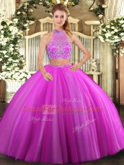 Beautiful Fuchsia Two Pieces Halter Top Sleeveless Tulle Floor Length Criss Cross Beading Quince Ball Gowns
