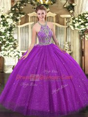 Charming Floor Length Fuchsia 15th Birthday Dress Tulle Sleeveless Beading