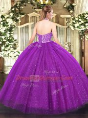 Charming Floor Length Fuchsia 15th Birthday Dress Tulle Sleeveless Beading