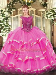 Fuchsia Scoop Neckline Beading and Ruffled Layers Quinceanera Gowns Sleeveless Zipper