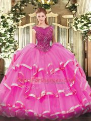 Fuchsia Scoop Neckline Beading and Ruffled Layers Quinceanera Gowns Sleeveless Zipper